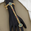 Gold-Plated Kundan Hathphool with Emerald-Green & Ruby-Red Accents