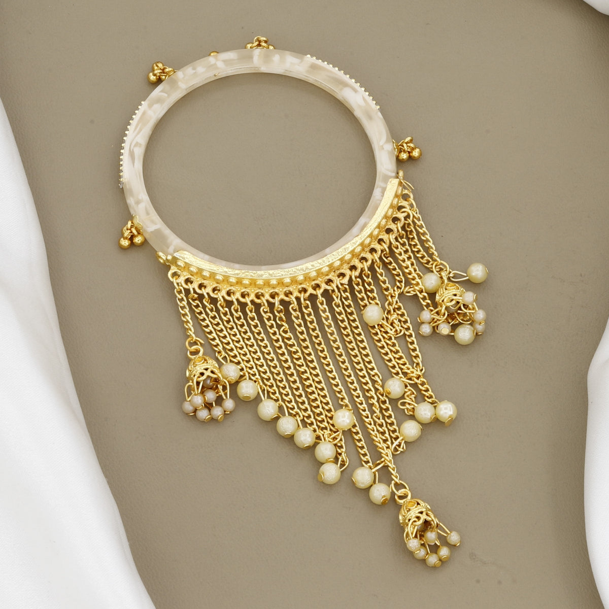 Set of 4 White Pearl-Finish Bangles with Crystal and Gold Accents