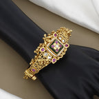Antique Gold Temple Kada Bracelet with Ruby & Kundan Meenakari Work
