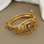 Antique Gold Temple Kada Bracelet with Ruby & Kundan Meenakari Work