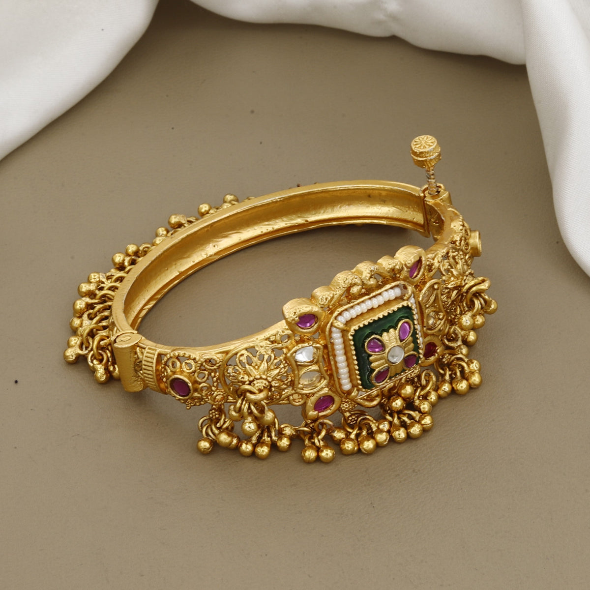 Antique Gold Temple Kada Bracelet with Ruby & Kundan Meenakari Work