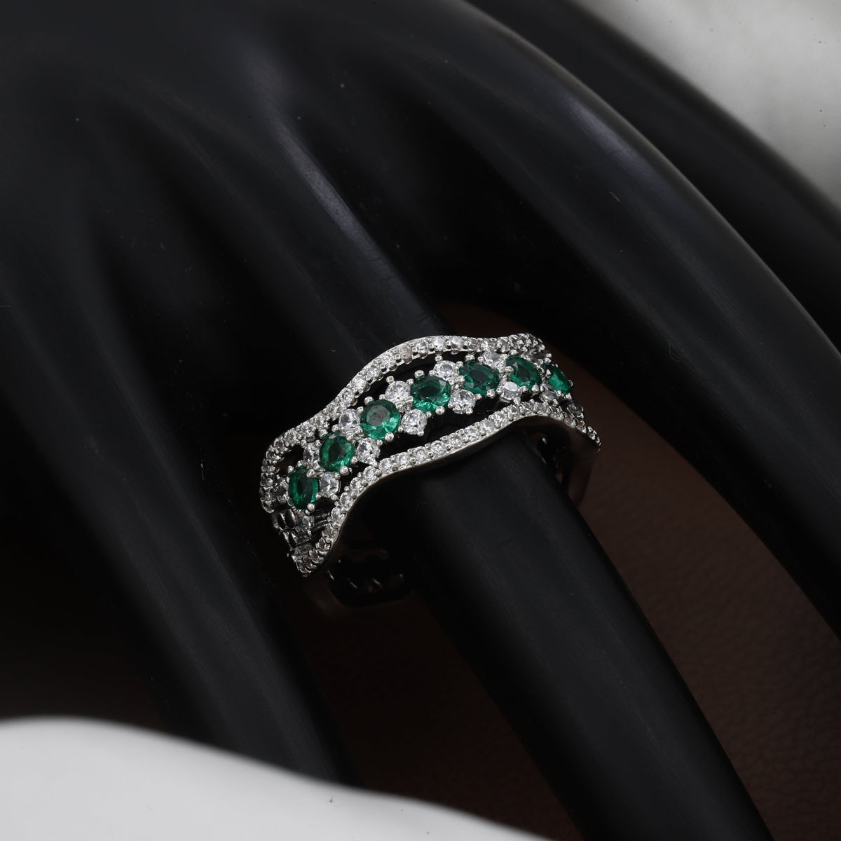 Silver Sapphire-Tone Wave Zirconia Eternity Ring