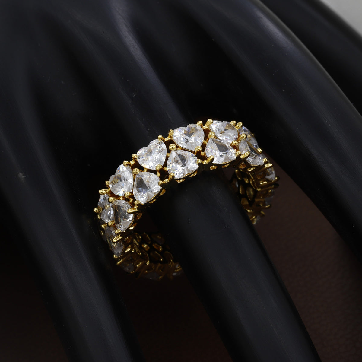 Golden Brilliant Heart-Cut Cubic Zirconia Eternity Free Size Ring