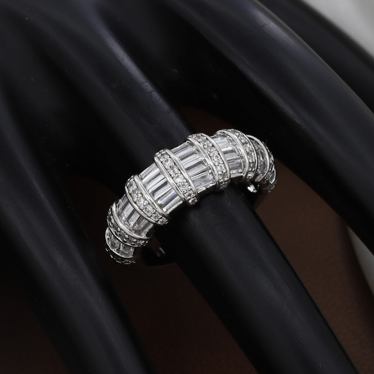Adjustable Silver-Tone Baguette & Round Zirconia Band Ring