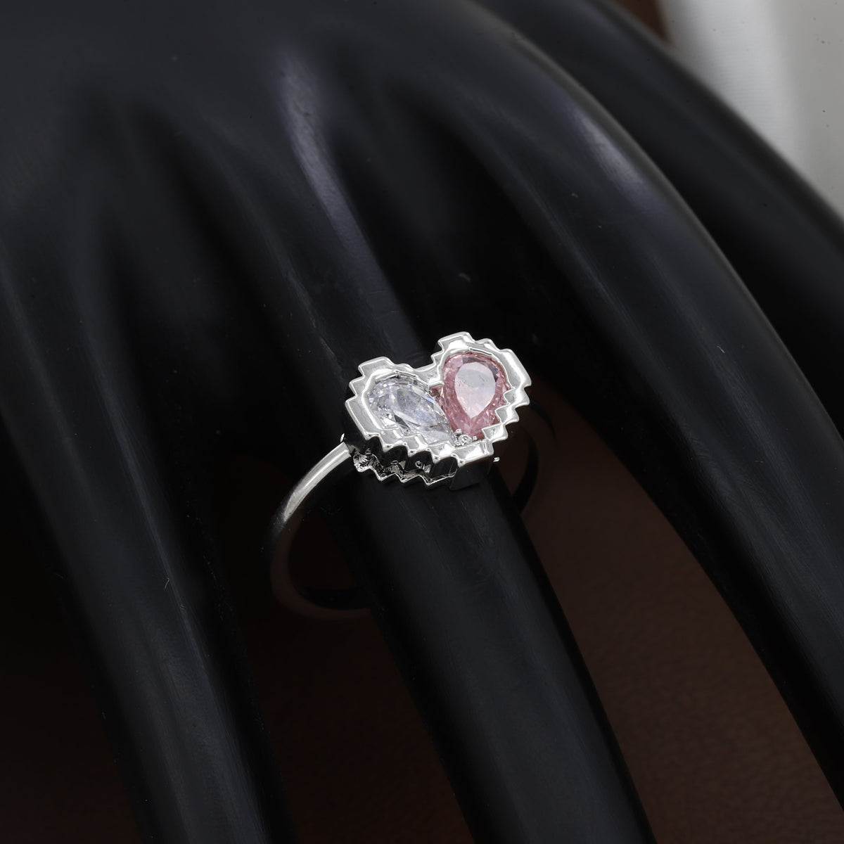 Charming Pixel Heart Adjustable Ring with Pink & Clear Zirconia