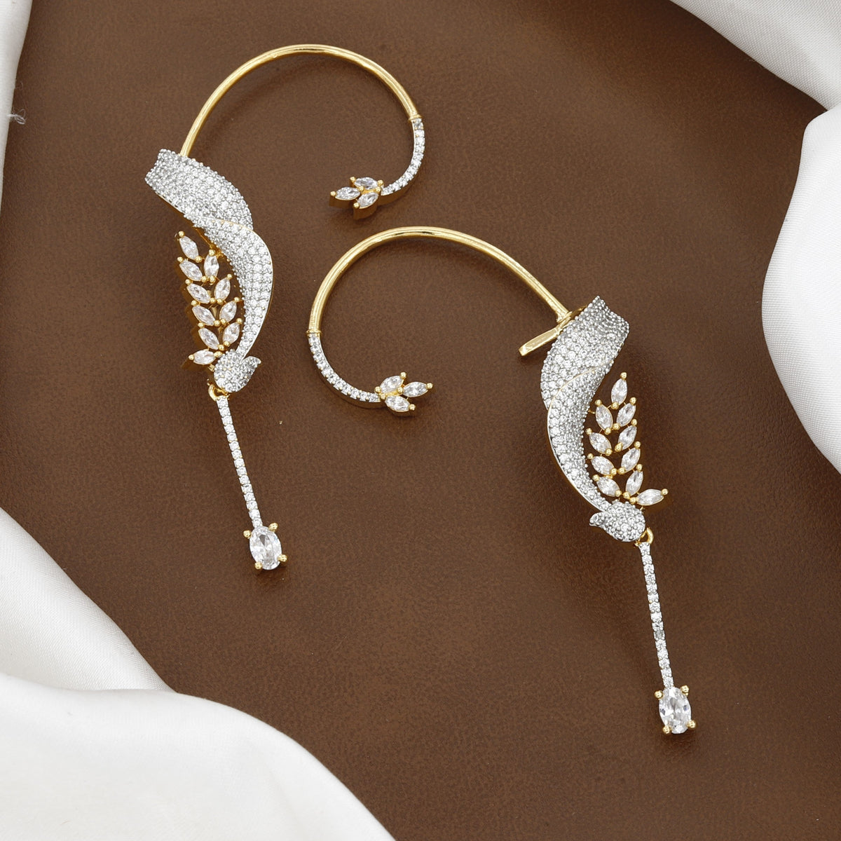 Ornate Gold Wave & Marquise Ear Cuff with Pave Dangle