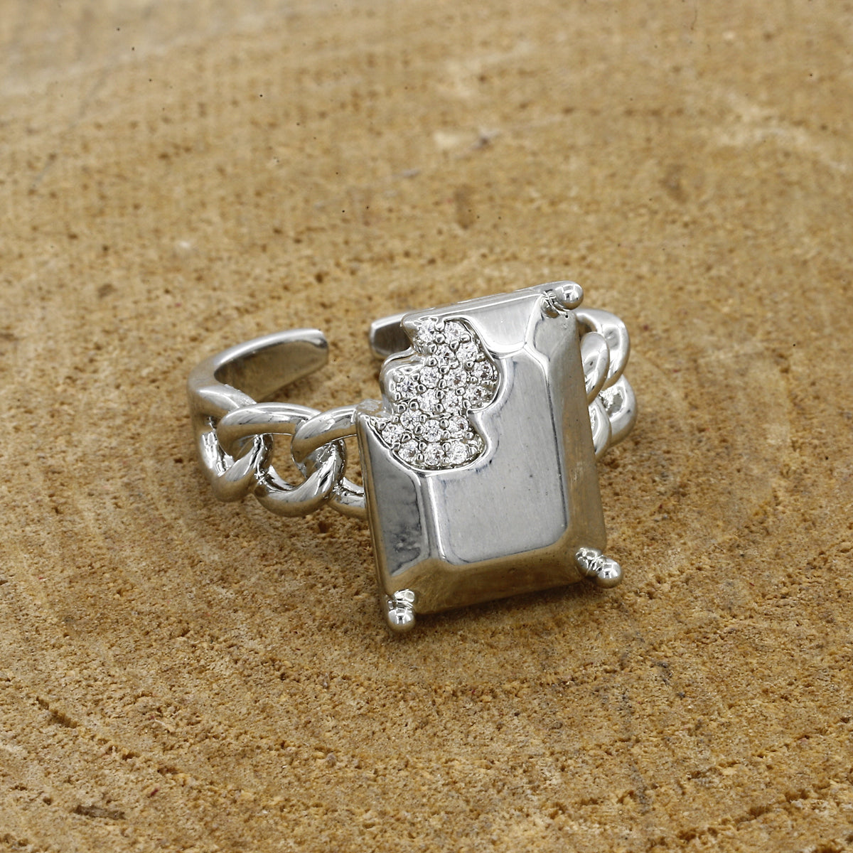 Silver Chain Link Ring with Pave Inset Rectangle Plate