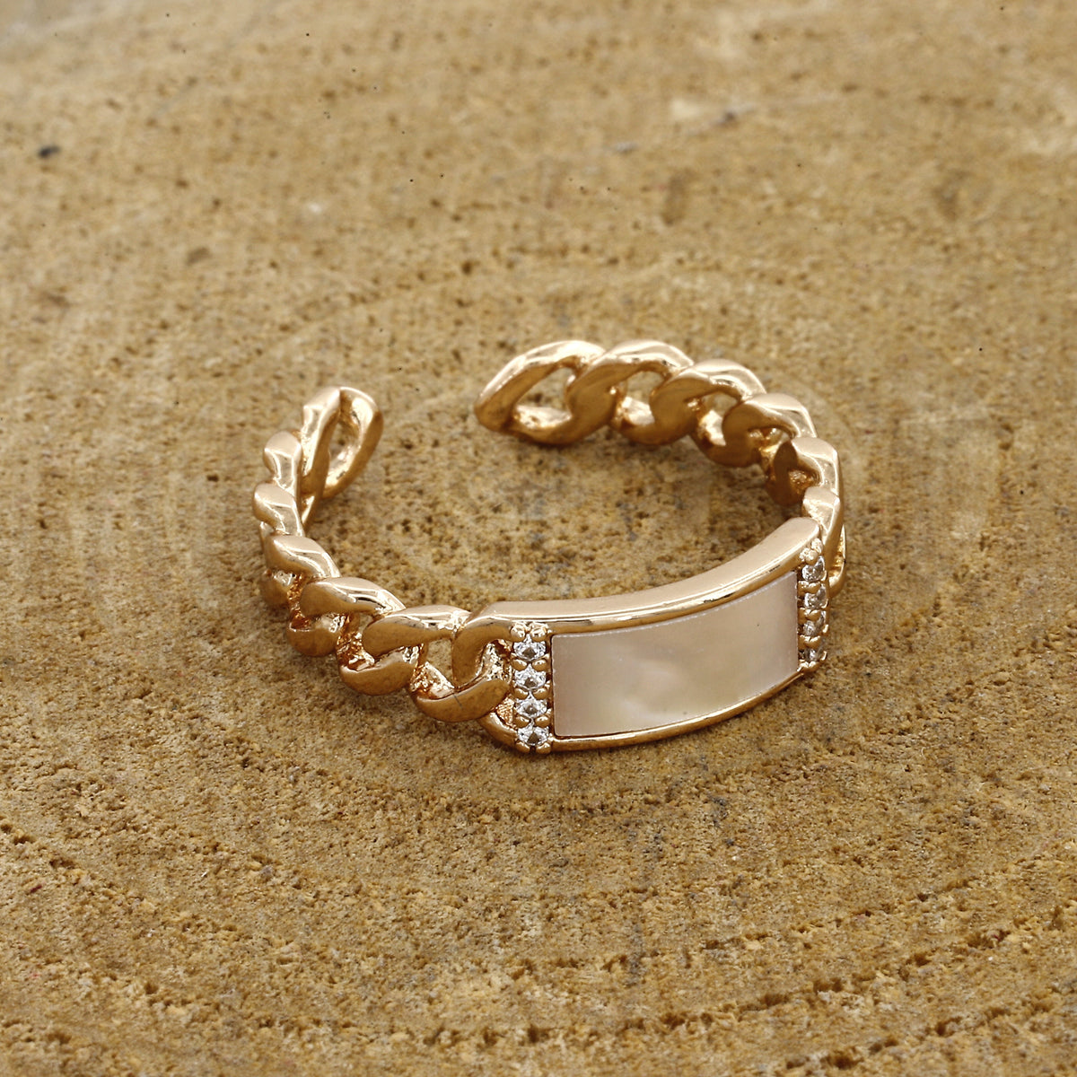 Rose Gold Curb Chain Adjustable Ring with Mother of Pearl Inlay