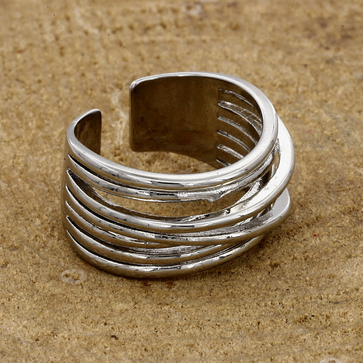 Silver Layered Open Band Adjustable Ring
