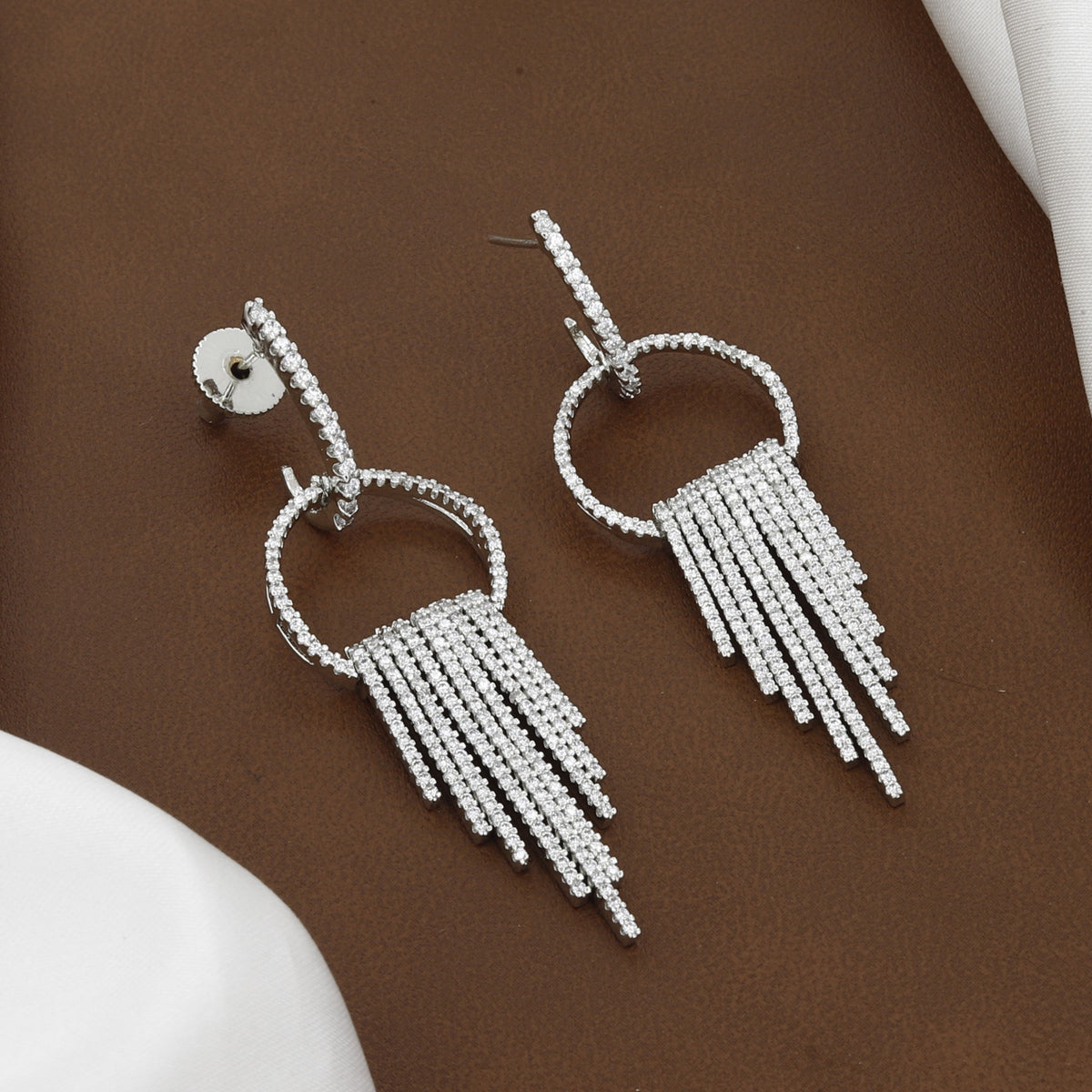 Silver Plated CZ Tassel Hoop Drop Earrings