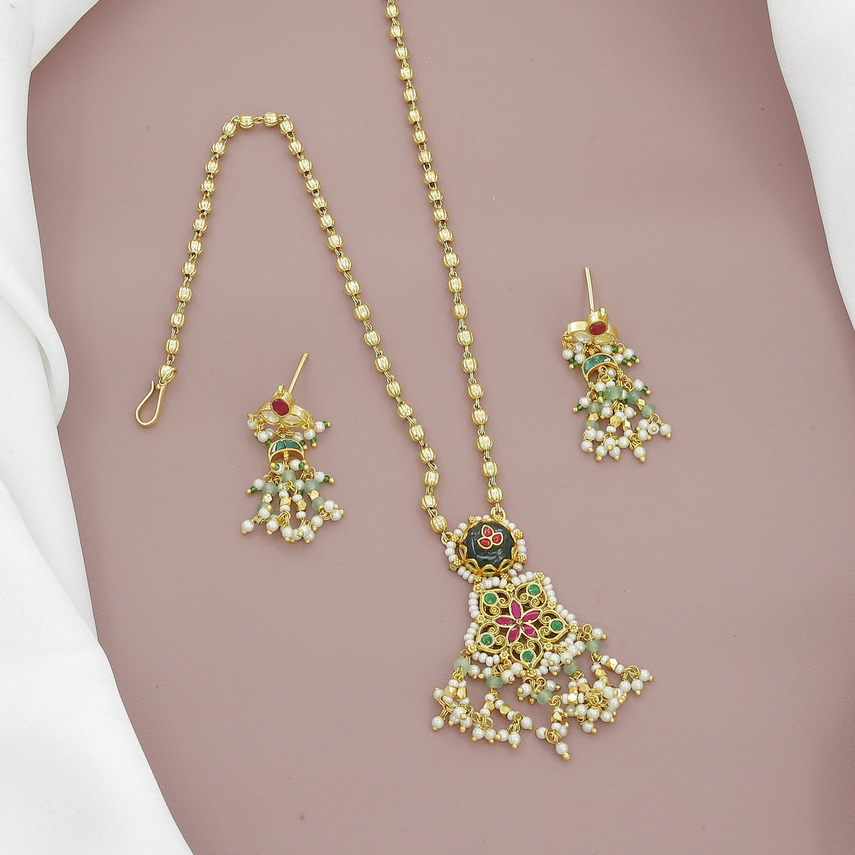 Gold Plated Pearl & Stone Studded Jewellery Set