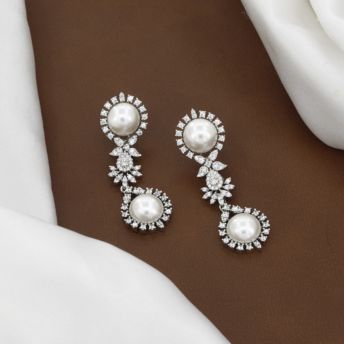 Elegant Pearl & CZ Drop Earrings in Silver Tone