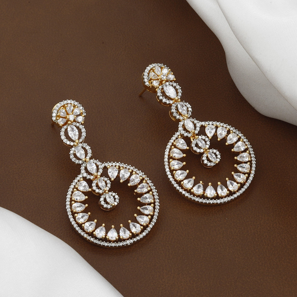 Gold-Plated CZ Circular Drop Statement Earrings