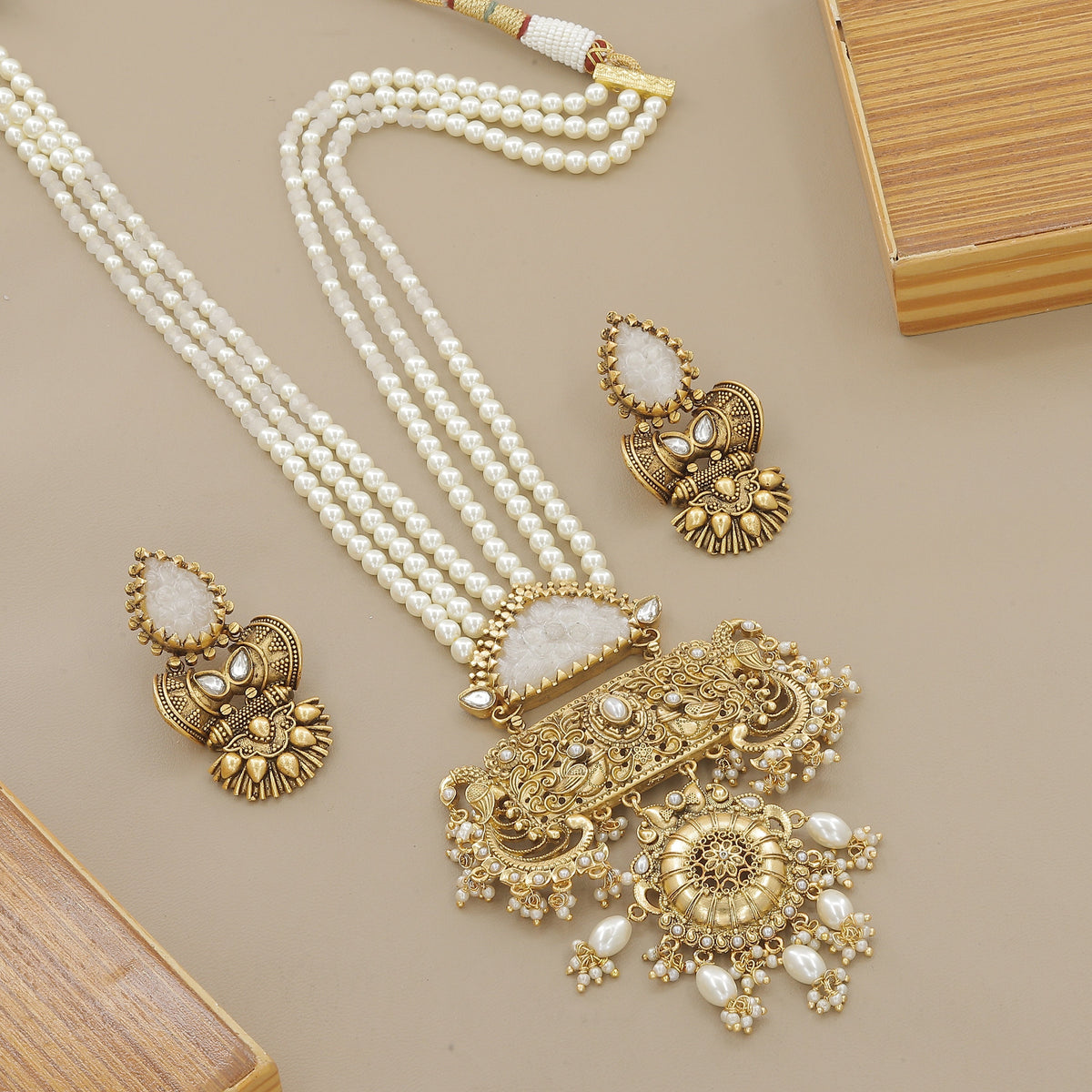 Traditional Gold Plated Pearl & White Stone Necklace Set