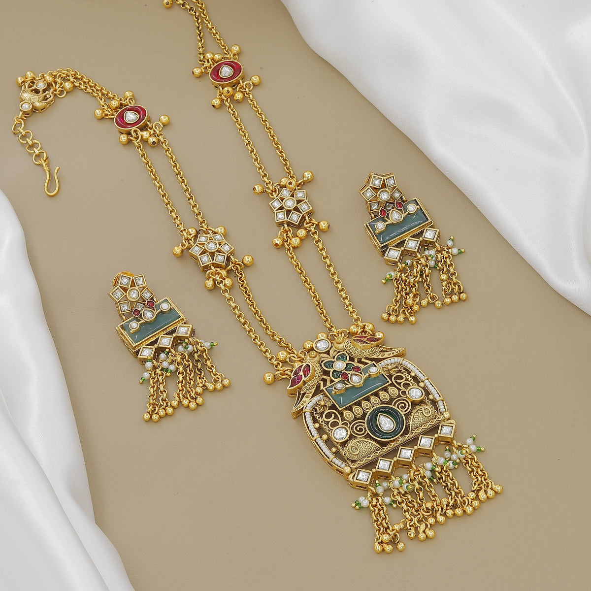 Ethnic Gold-Plated Peacock & Jhumki Necklace Set with Meenakari Work