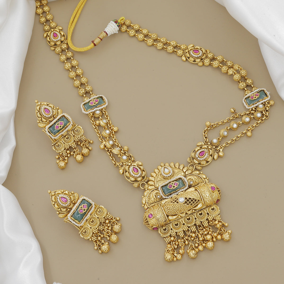 Grand Gold-Plated Peacock & Jhumki Long Necklace Set