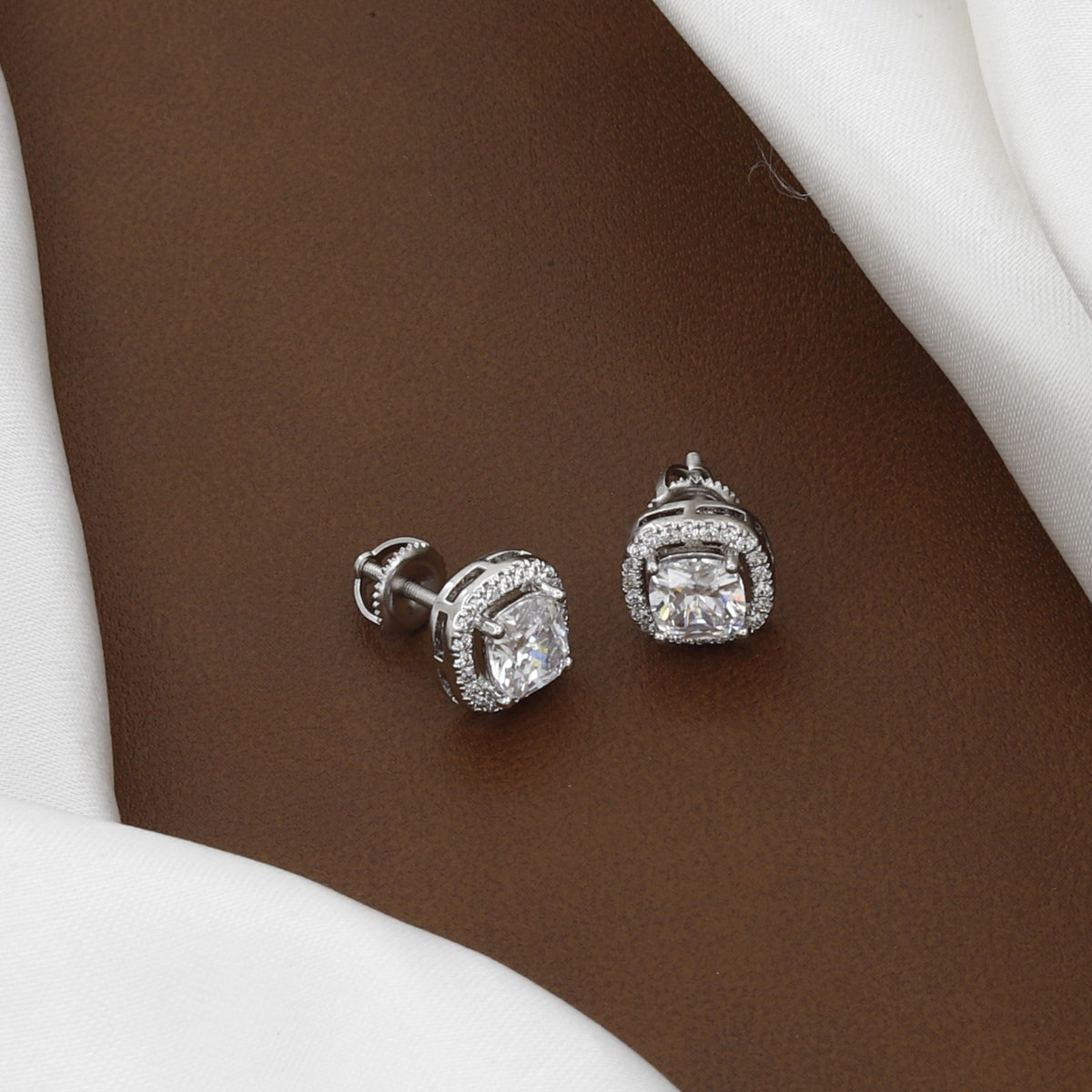 Silver Tone Cubic Zirconia Square Halo Stud Earrings