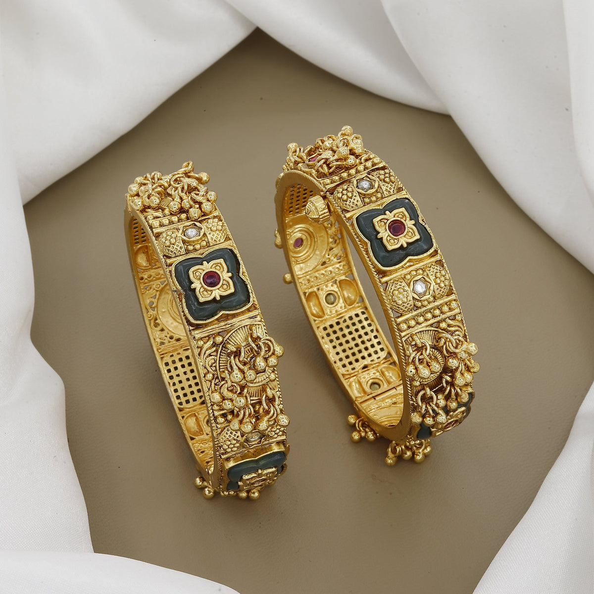 Antique Floral Patla Set with Green Enamel & Ruby Stones