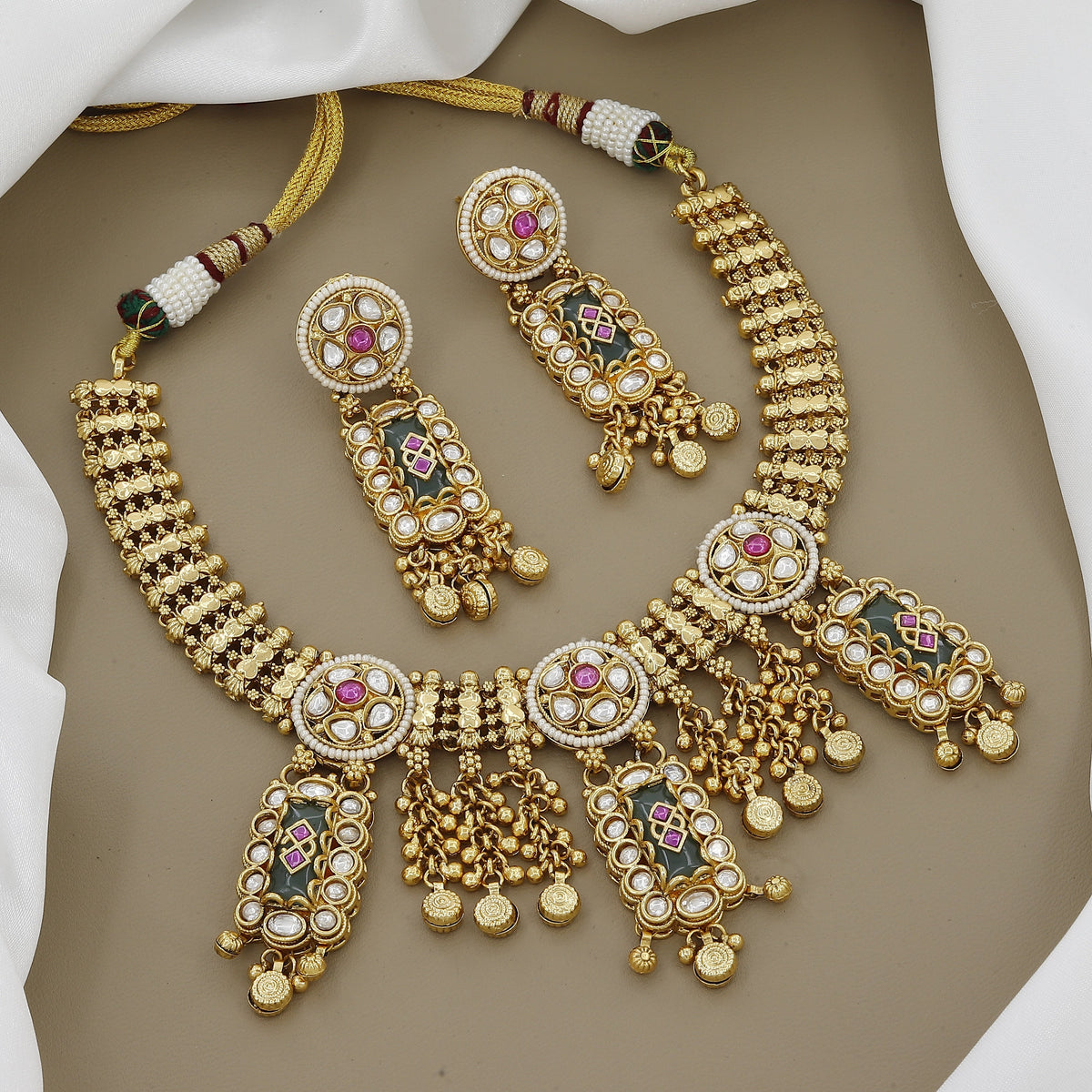 Antique Gold Plated Necklace Set with Pearl and Stone Work