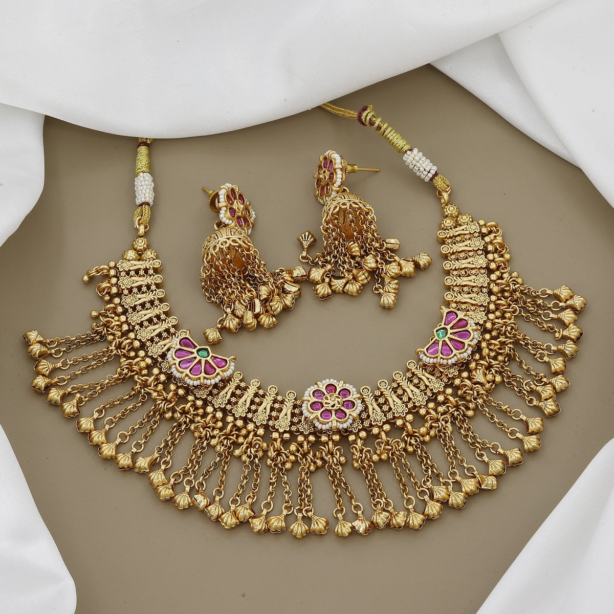 Royal Antique Gold Tone Necklace Set with Tassel Dangles
