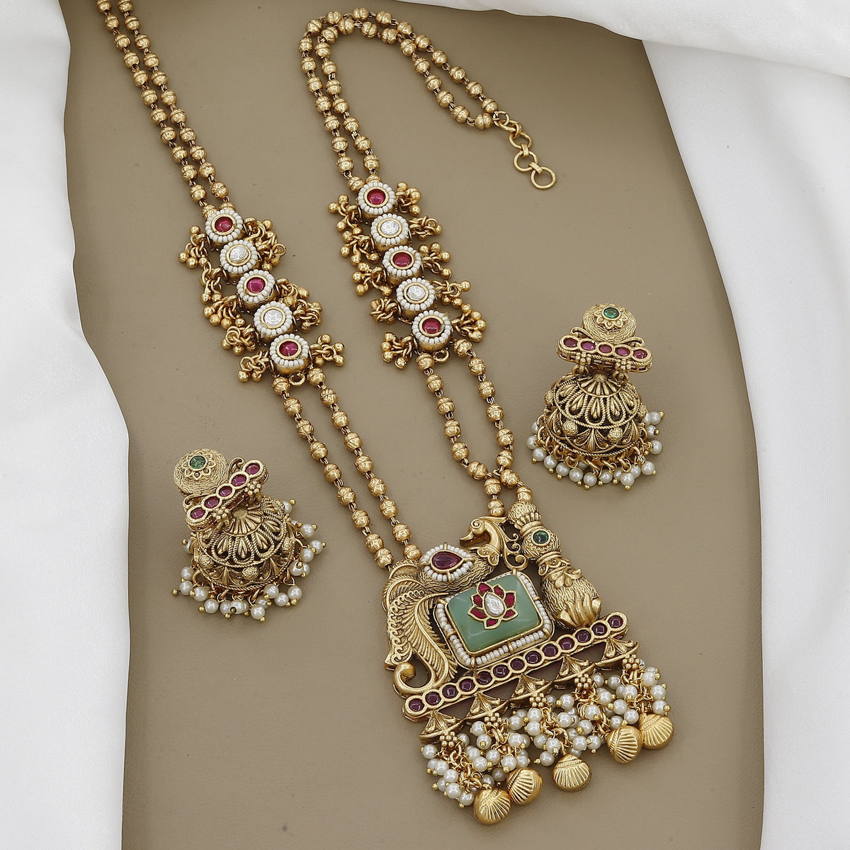 Antique Peacock Long Necklace Set with Jhumkas