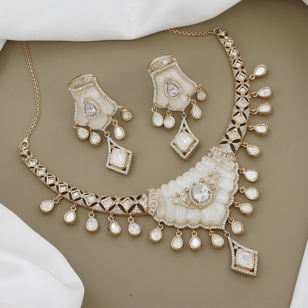 Modern Polki Kundan Necklace Set with Teardrop Stones with Colors