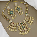 Gold Toned Peacock & Floral Motif Necklace Set with Ruby & Green Stones