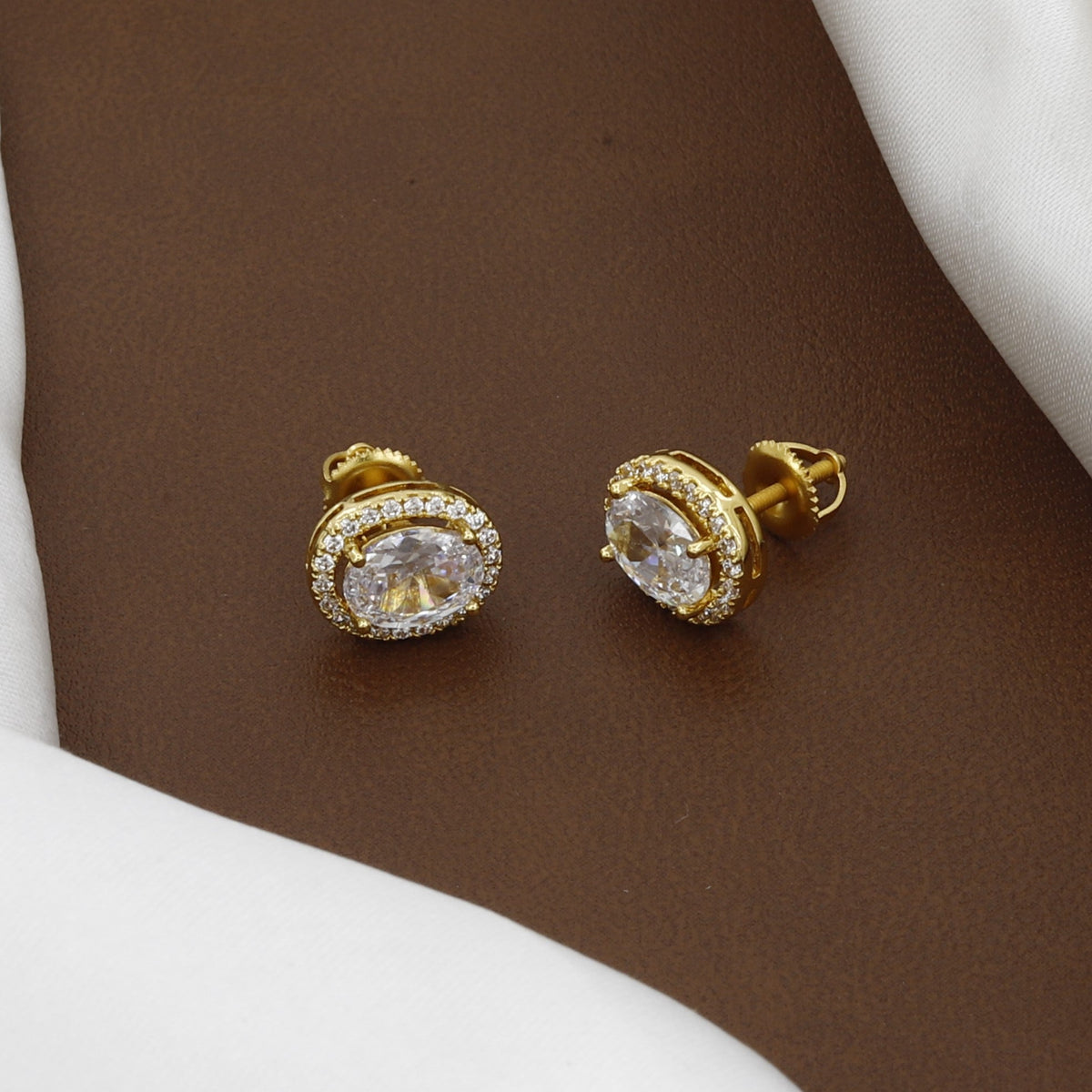 Classic Gold-Plated CZ Oval Halo Stud Earrings