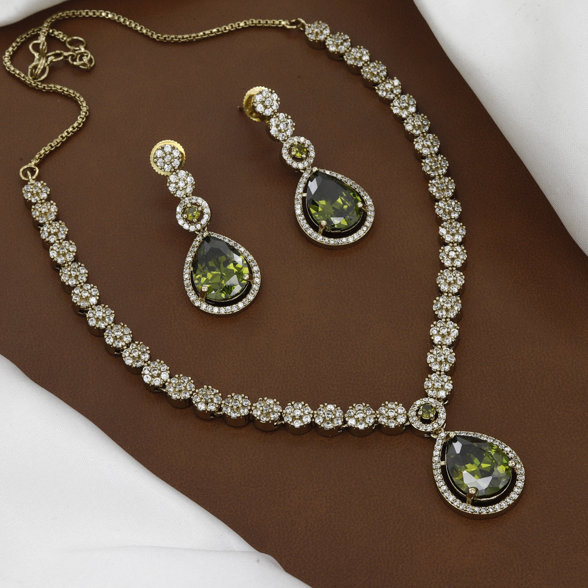 Mehndi Polished CZ Floral Necklace Set with Green Drop Stones