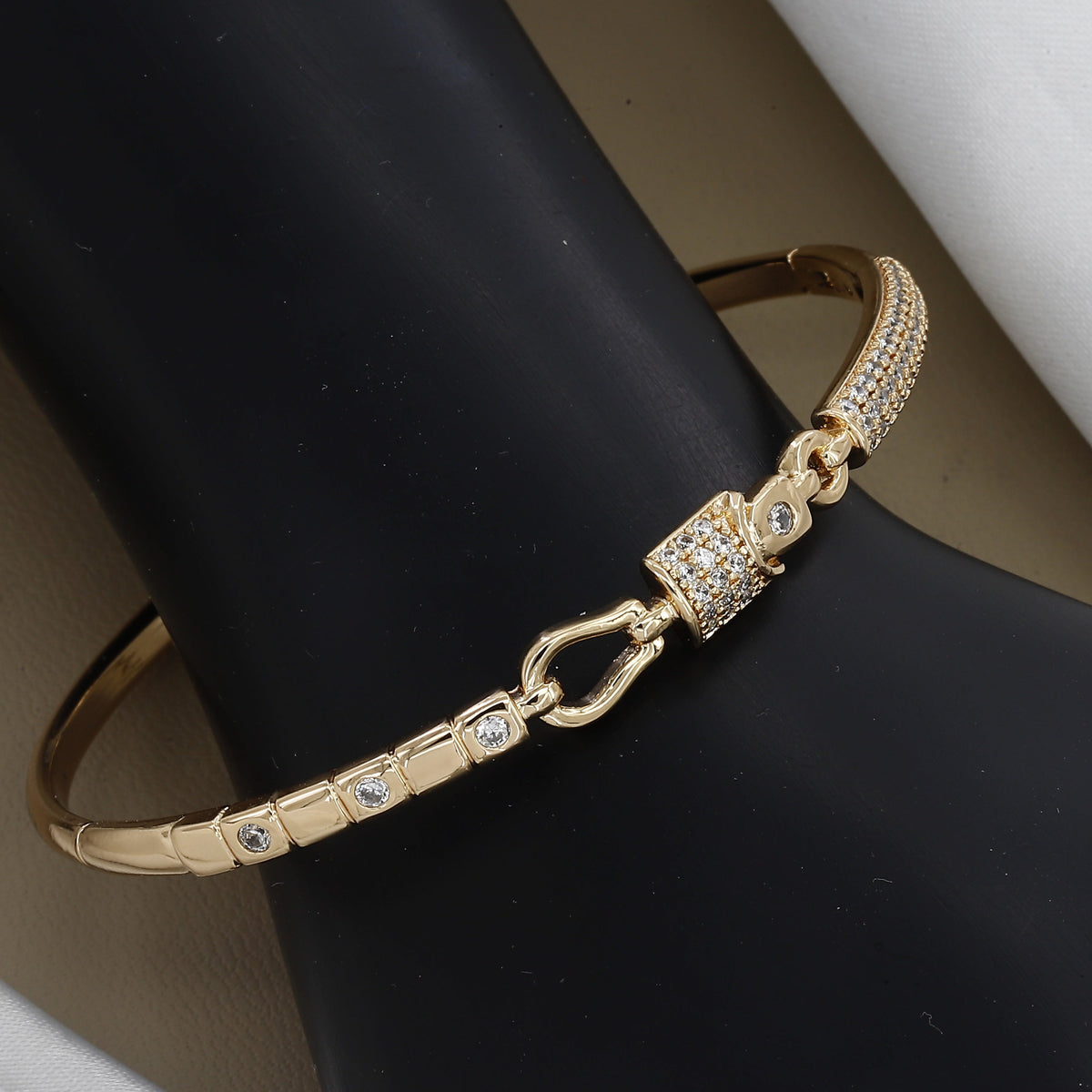 Chic Gold-Tone Hook Clasp CZ Bangle Diamond Kada