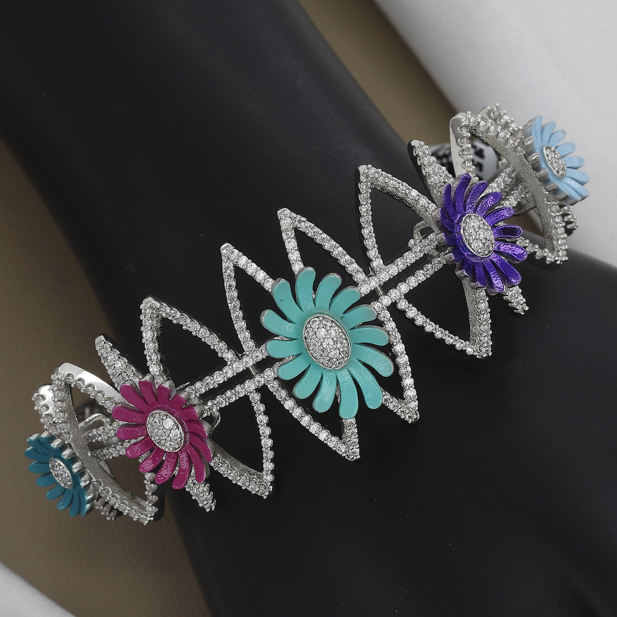 Glamorous Floral Enamel & Diamond Statement Bangle Kada