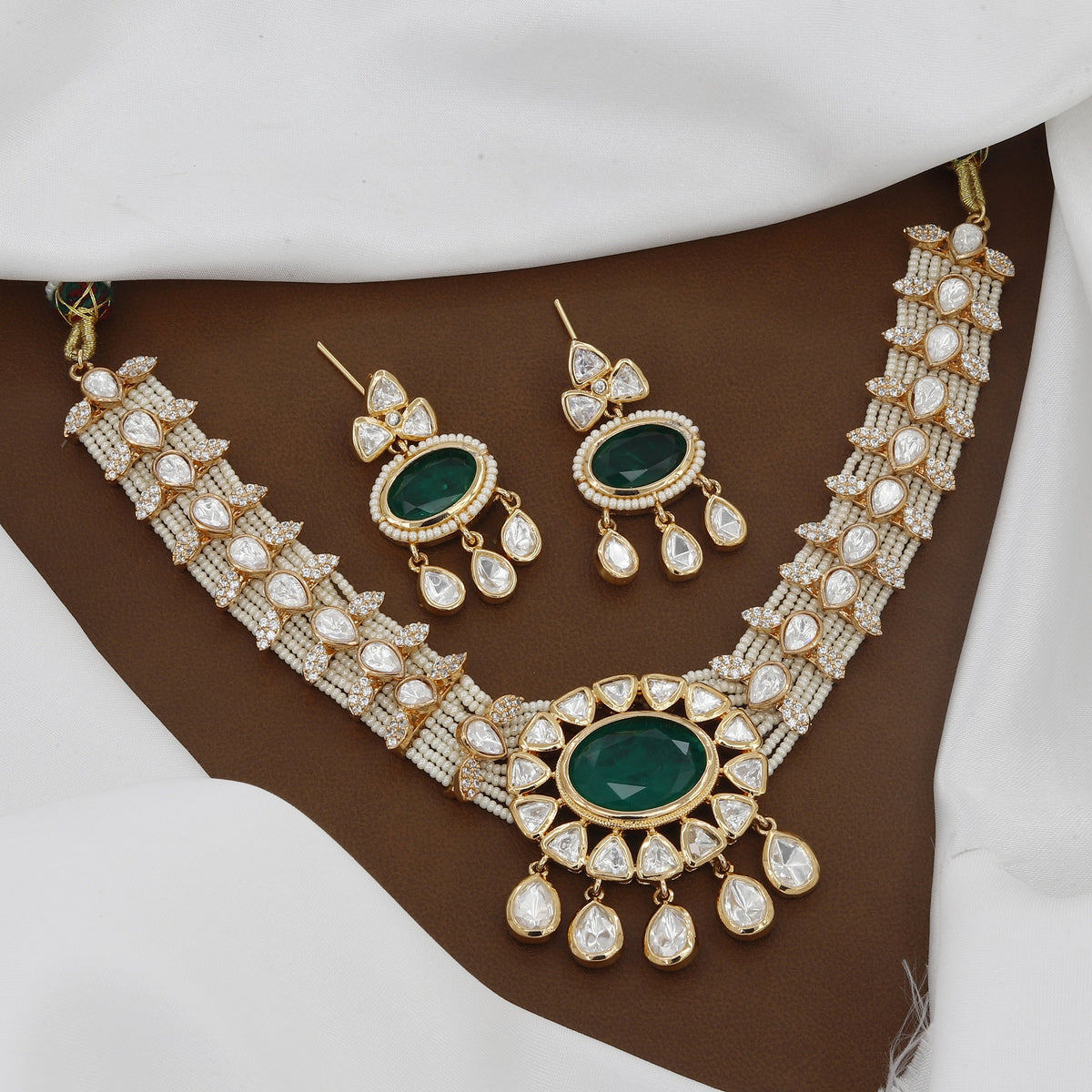 Polished Kundan Polki & Emerald Necklace Set with Earrings