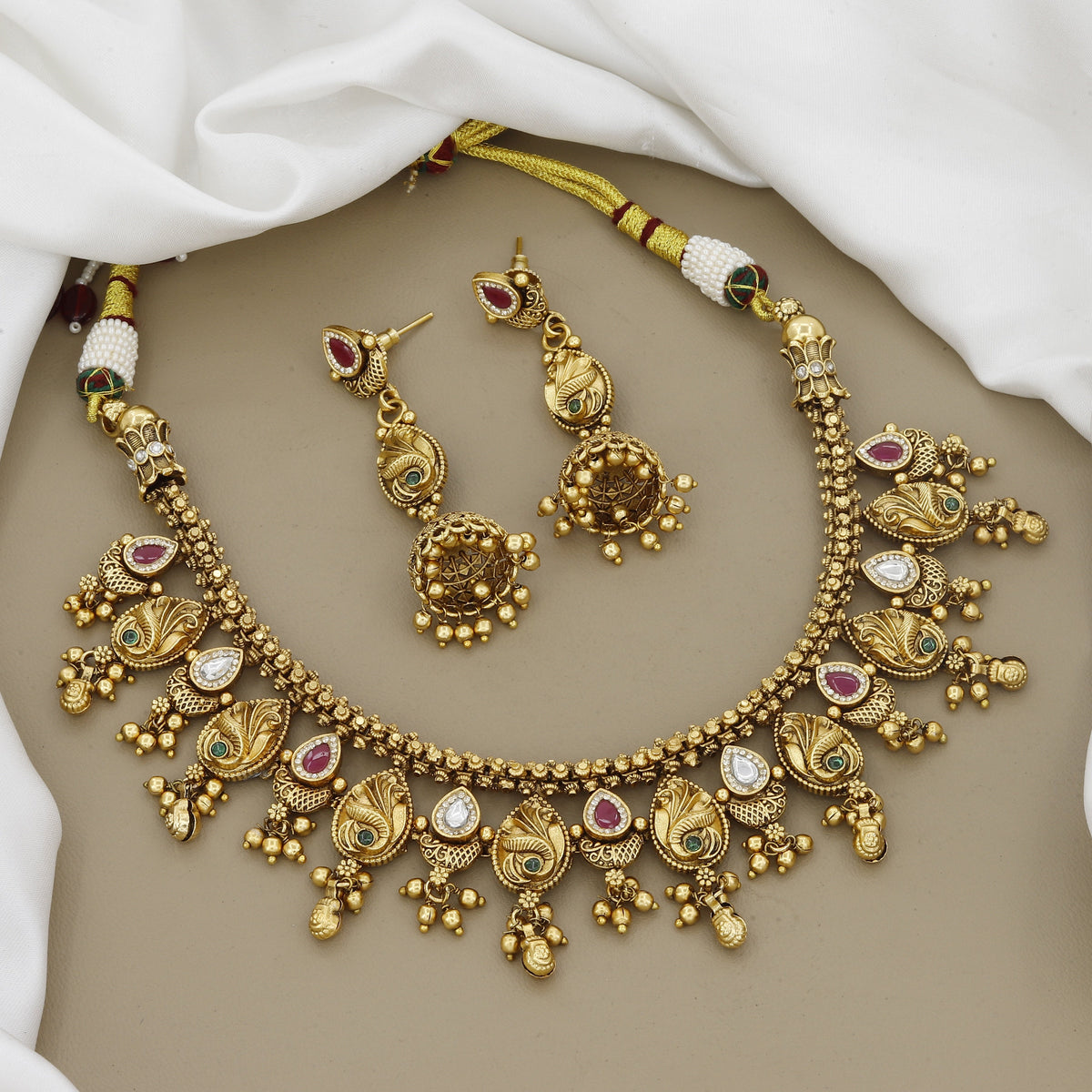 Traditional Matte Gold Tones Necklace Set with Big Jumkhas