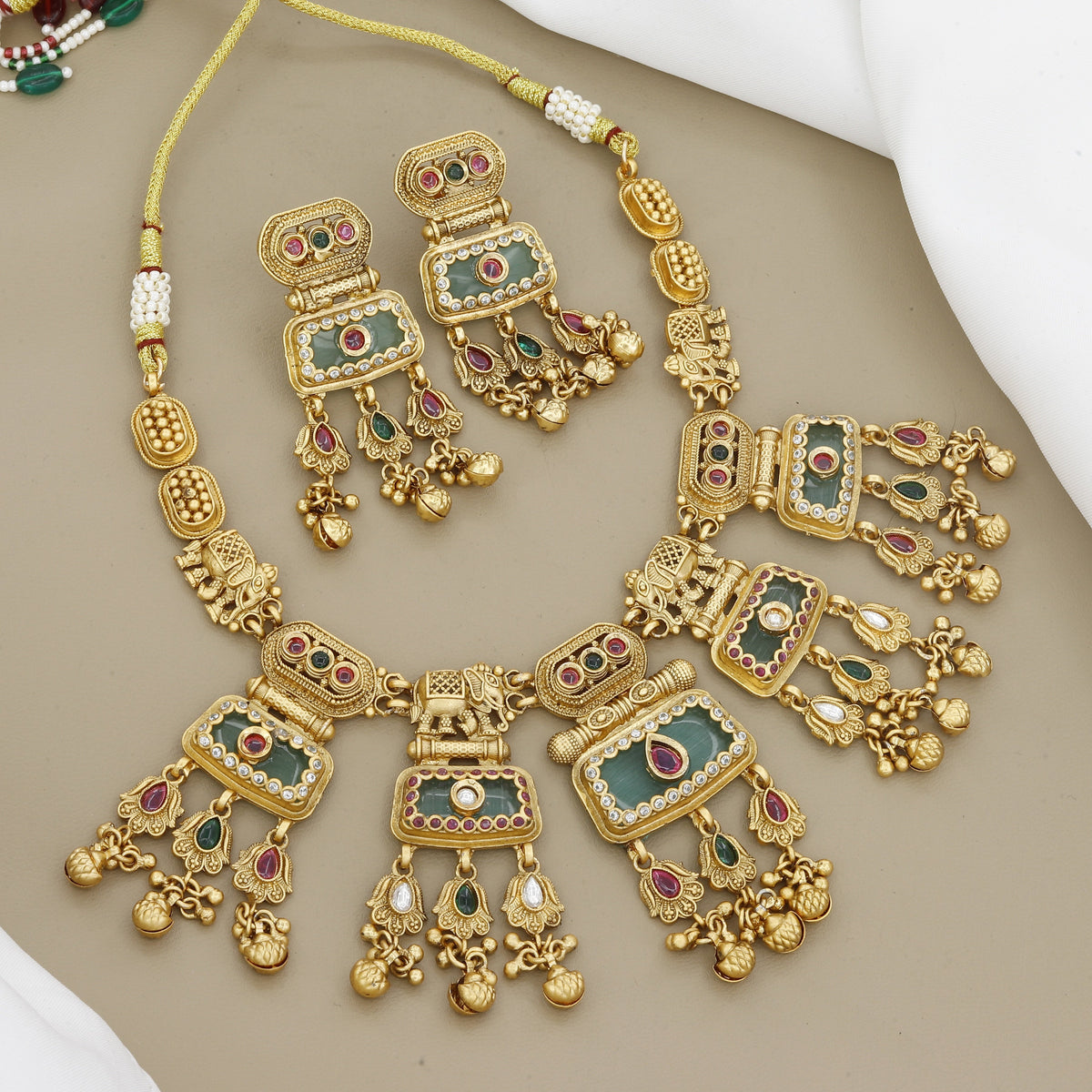 Antique Gold Tone Meenakari Wedding  Necklace & Earring Set