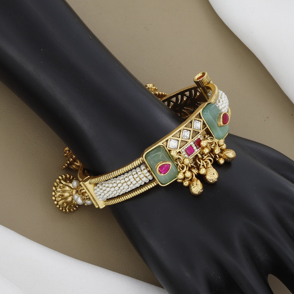 Mint Green Jade Stone & Pearl Drop Kada Bangle