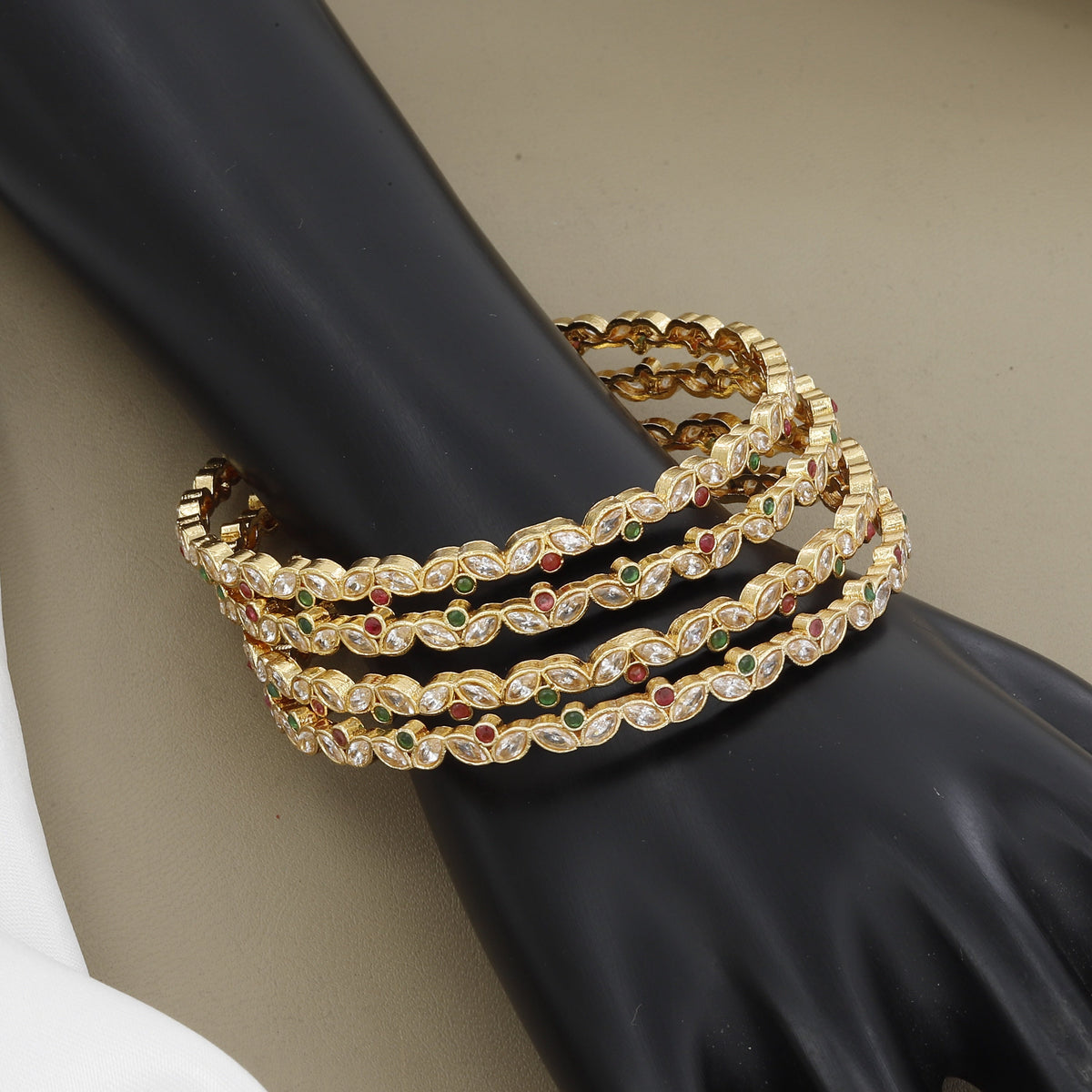 Ruby & Emerald Accents 4-Piece Gold Plated CZ Bangle Set