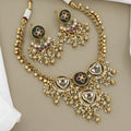 Antique Gold Floral Necklace Set with Pearl Clusters & Multi-Color Stones