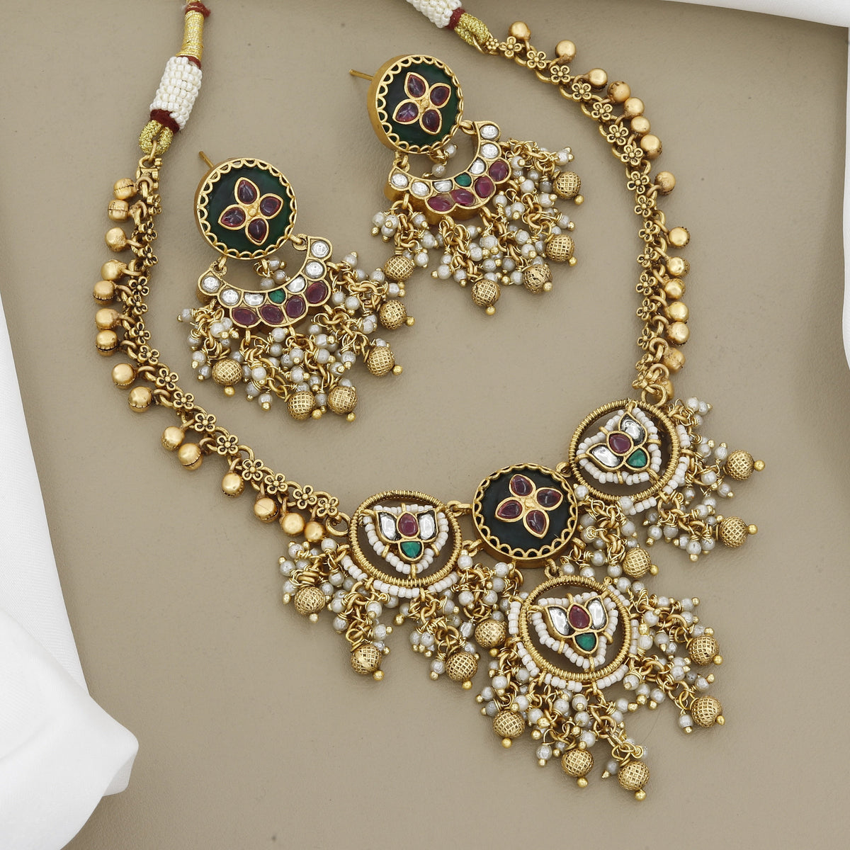 Antique Gold Floral Necklace Set with Pearl Clusters & Multi-Color Stones