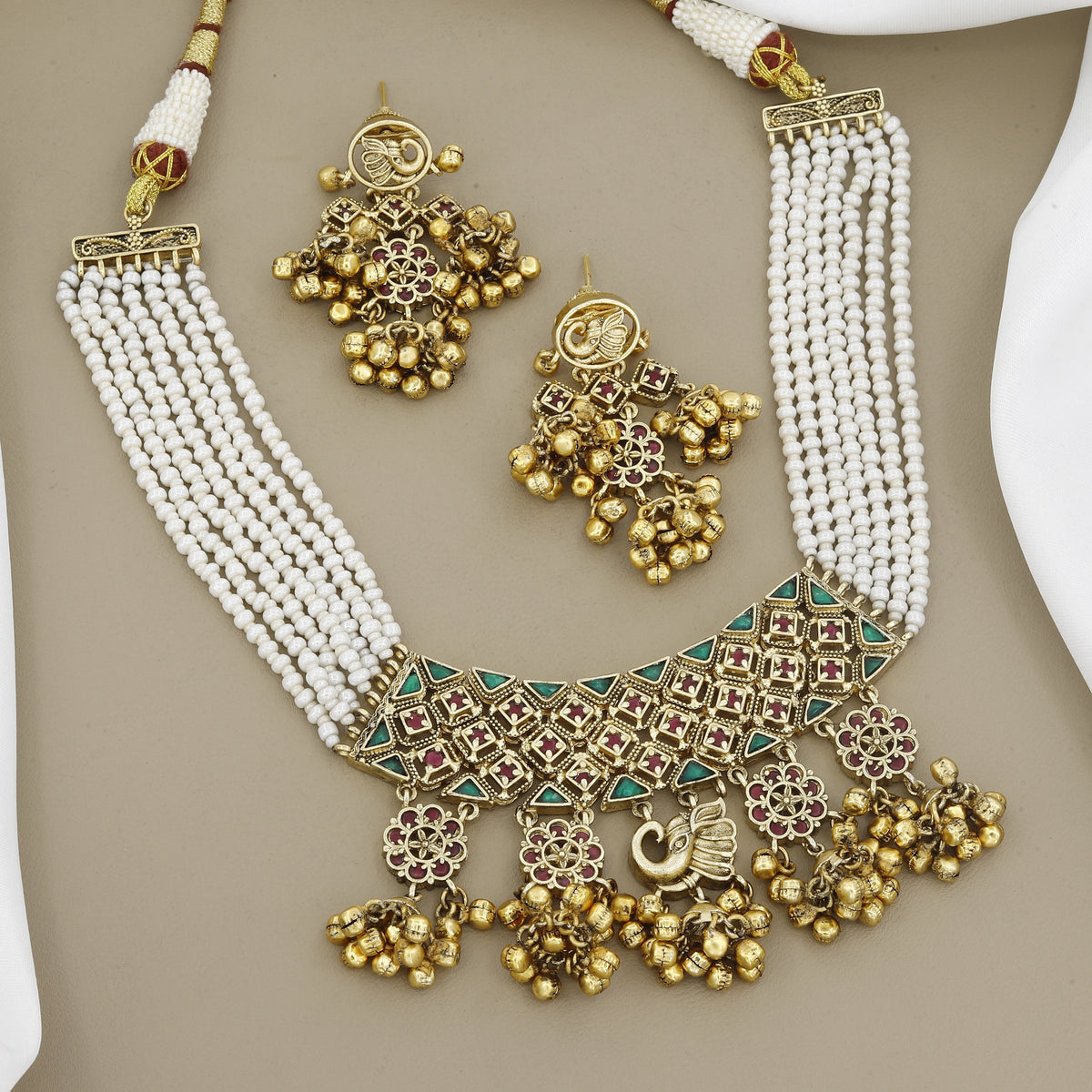 Antique Gold Peacock Necklace Set Multi-Strand Pearls & Ghungroo Dangles