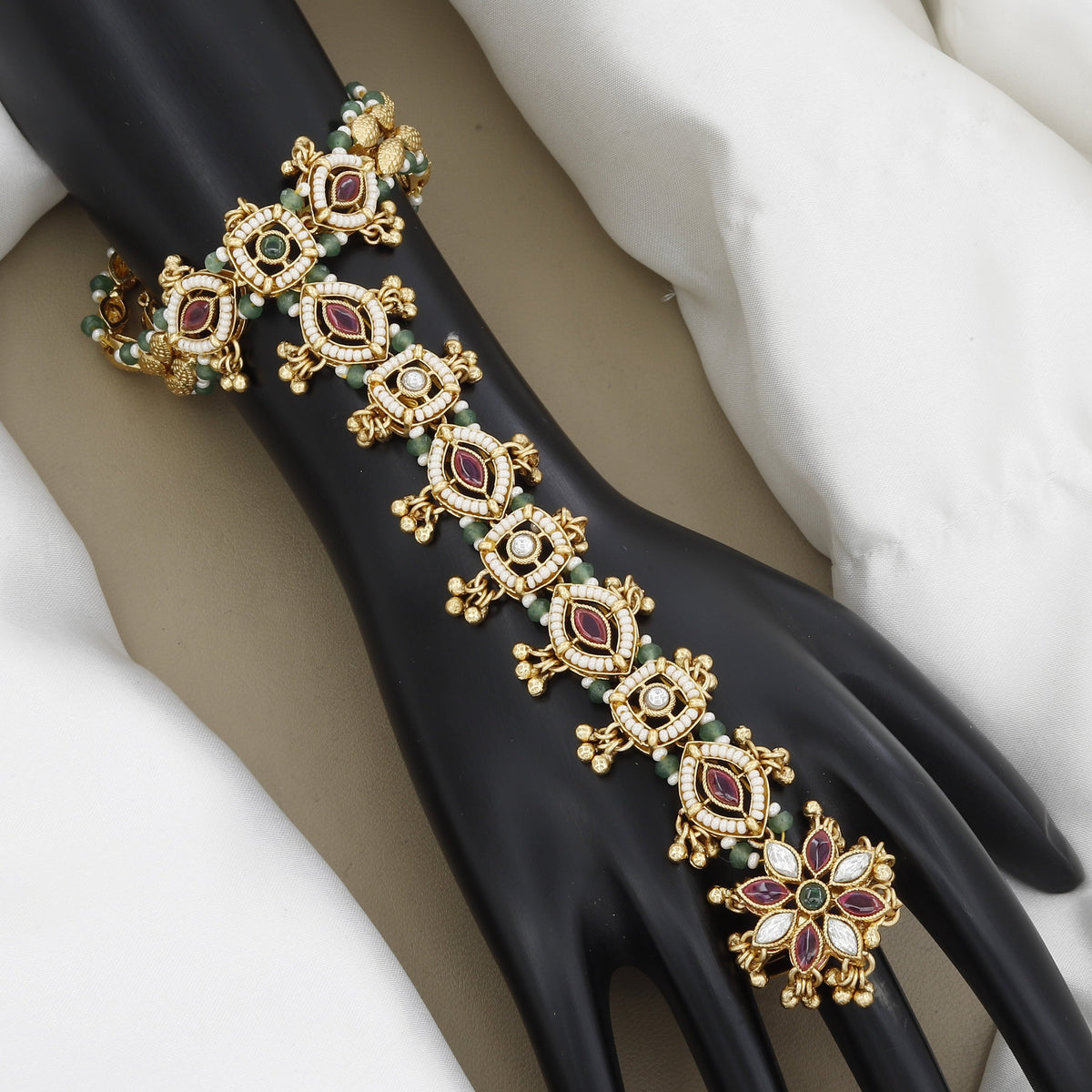 Ruby, Emerald & Pearl Hand Harness Antique Hath Panja