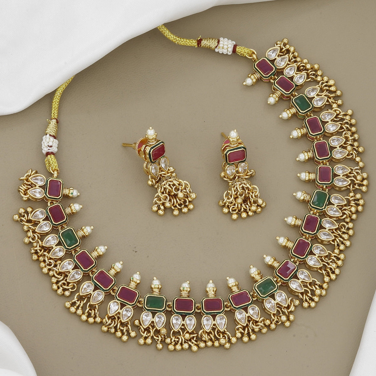 Elegant Antique Gold-Plated Choker Set with Maroon & Green Stones