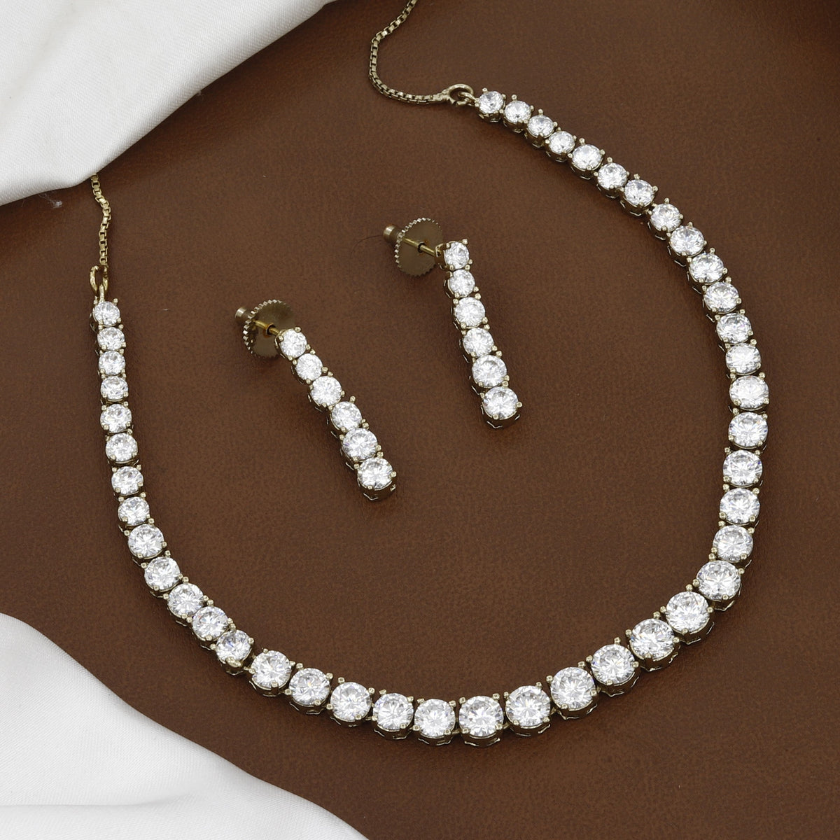 Mehndi Polished Classic CZ Tennis Necklace & Drop Earring Set