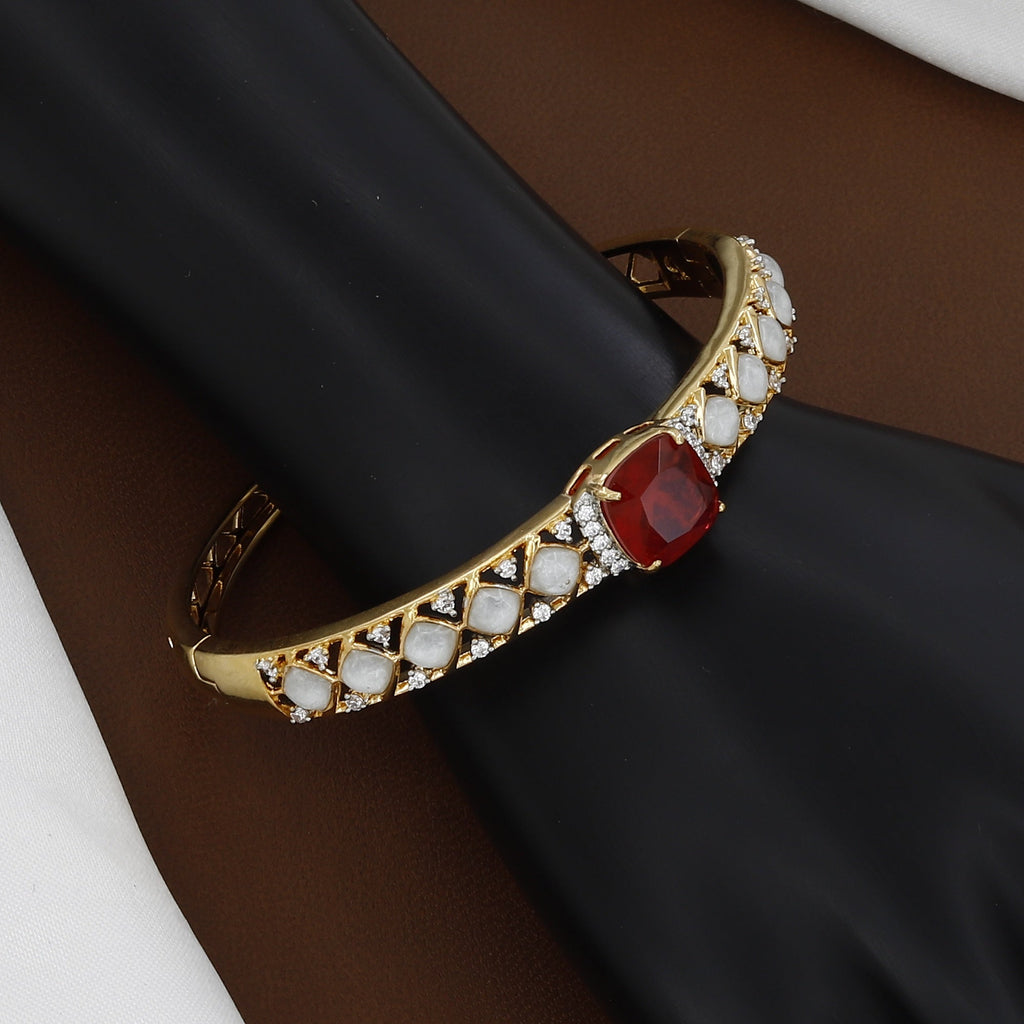 Gold Polished Regal Crimson Solitaire & White Stone Designer Bangle