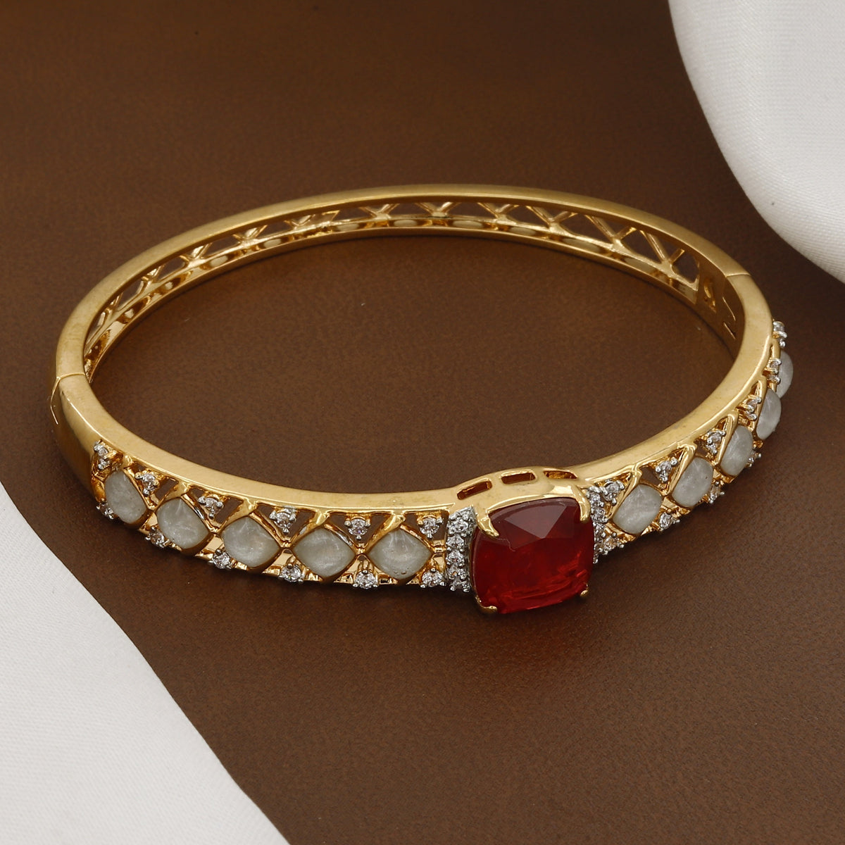 Gold Polished Regal Crimson Solitaire & White Stone Designer Bangle
