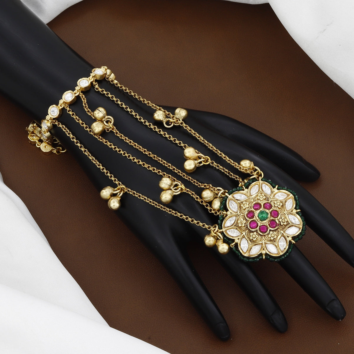 Antique Gold-Plated Kundan Hathphool with Floral Medallion and Ghungroo Drops