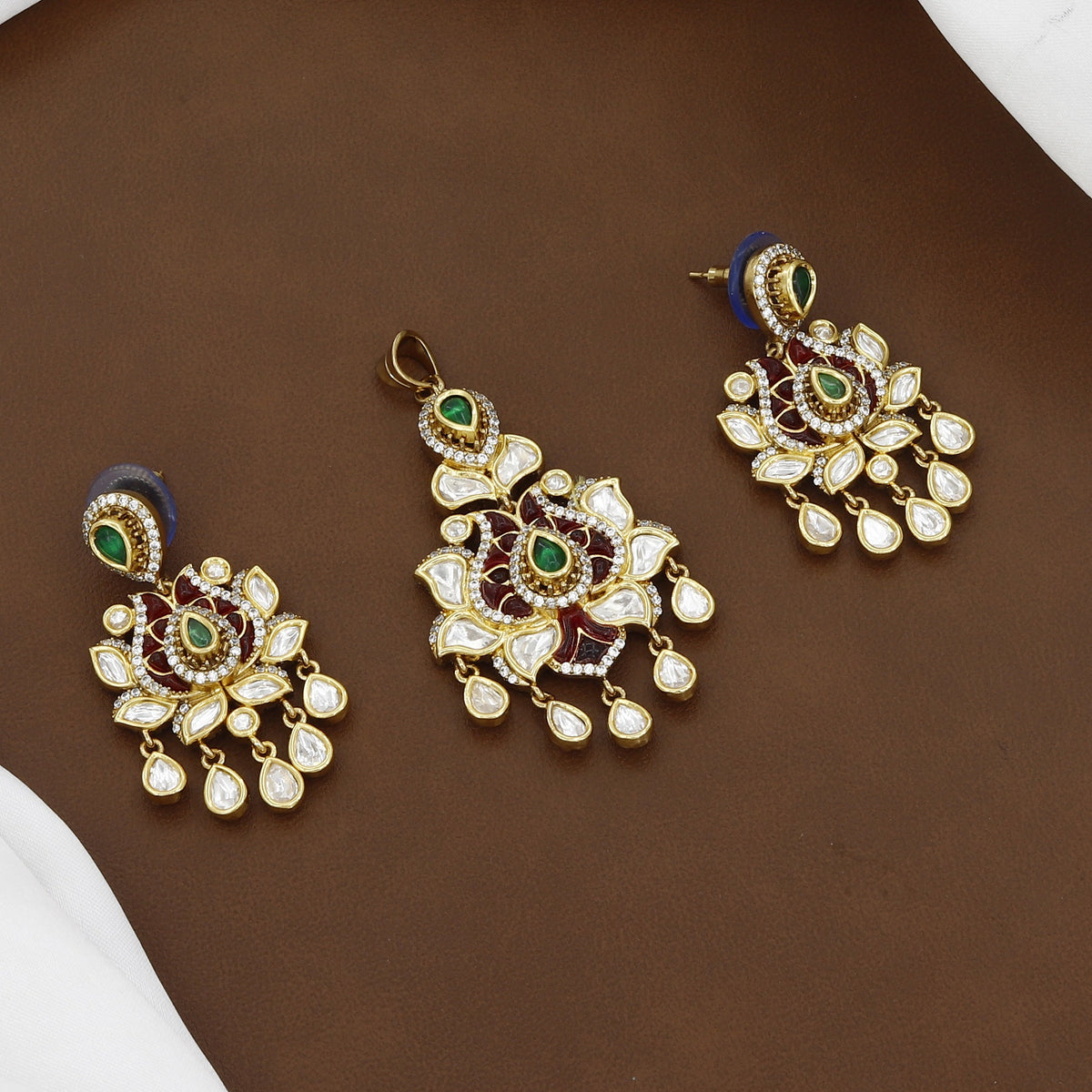 Traditional Floral Kundan Pendant & Earrings Set with Green Emerald Accents