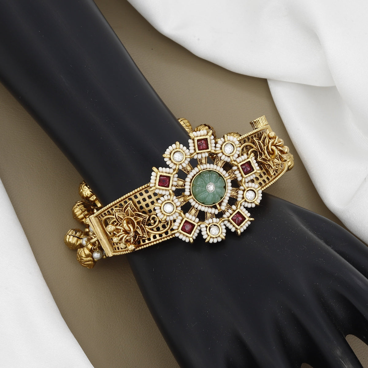 Antique Gold Handcrafted Bracelet Kada with Green Carved Stone & Pearls
