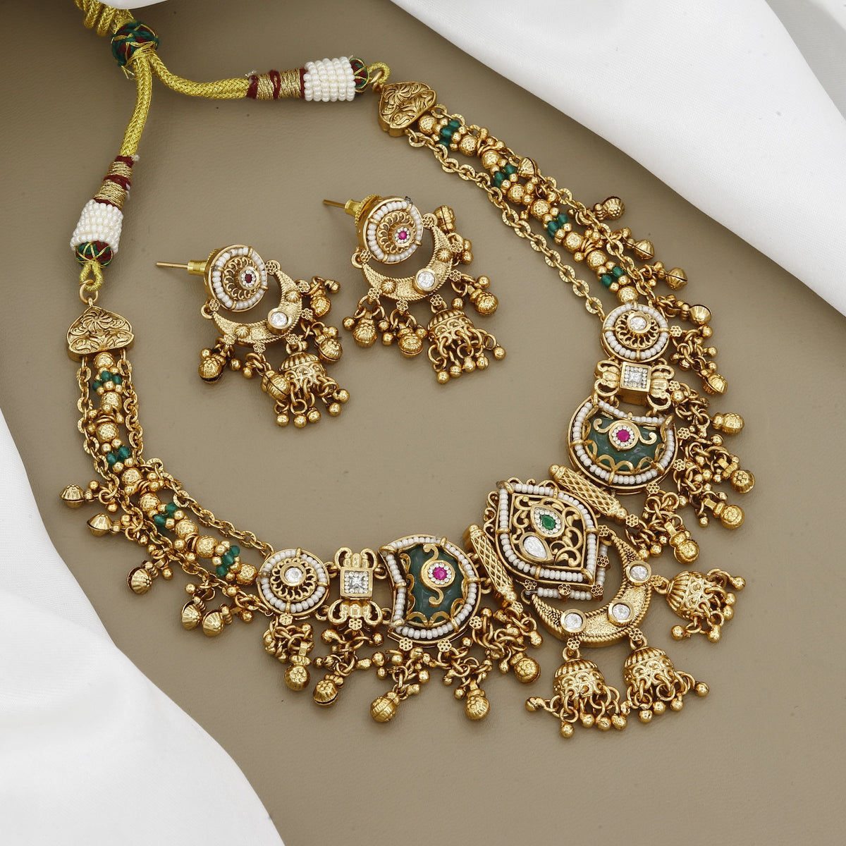 Antique Gold Multi-Strand Necklace with Emerald Bird Pendant Set