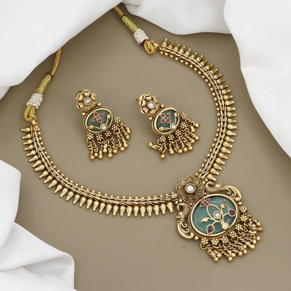 Antique Gold-Plated Necklace Set with Green Aventurine Stones and Floral Carvings