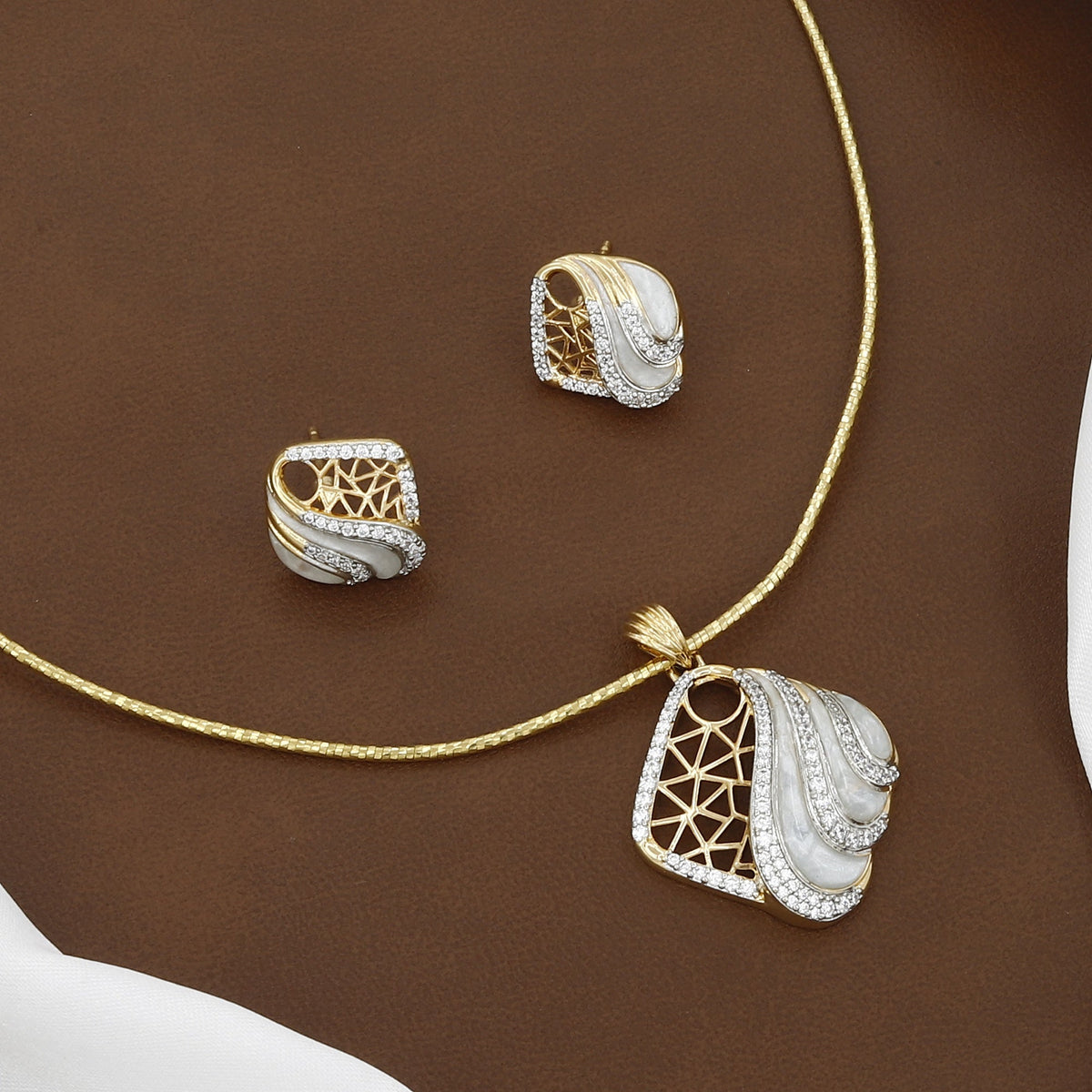 Contemporary Gold Geometric Pendant Set with White Inlay & Stones